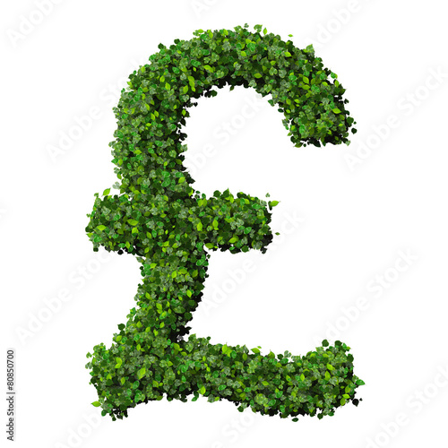 British Pound (currency) symbol or sign made from green leaves.
