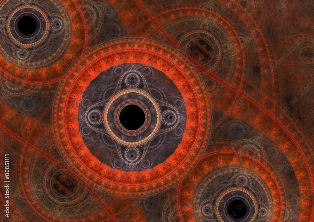 Red abstract circle fractal, mechanical background