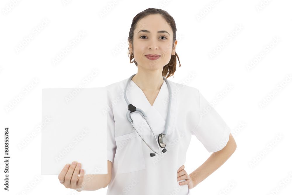 Friendly female doctor showing a blank copy space Friendly female doctor showing a blank copy space