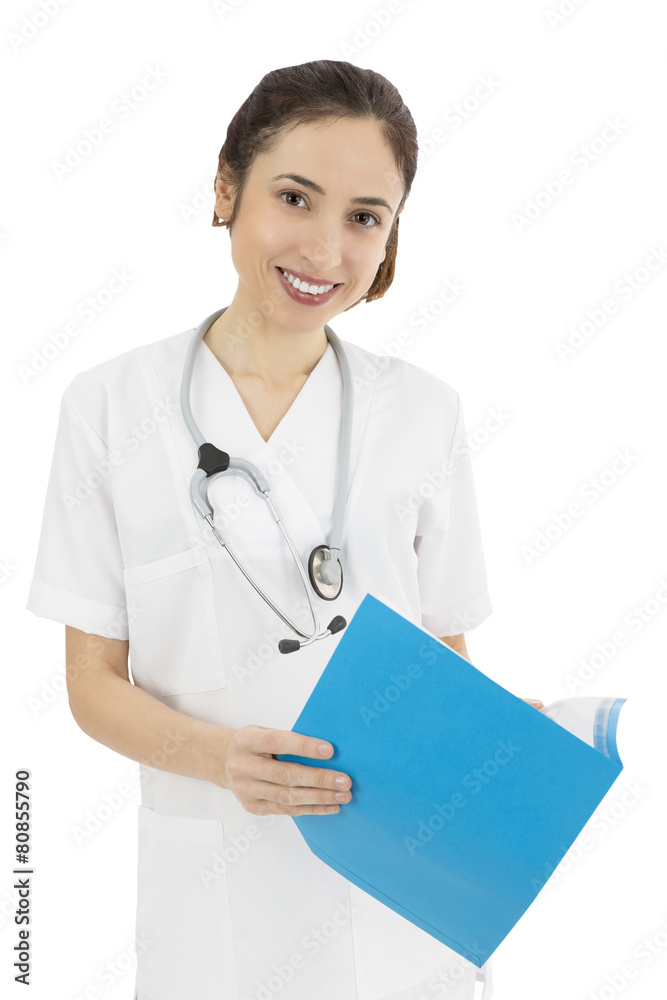 Female medical doctor working with a folder in her hand Female medical doctor working with a folder in her hand