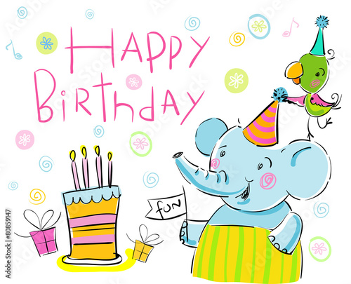 Birthday elephant and a parrot