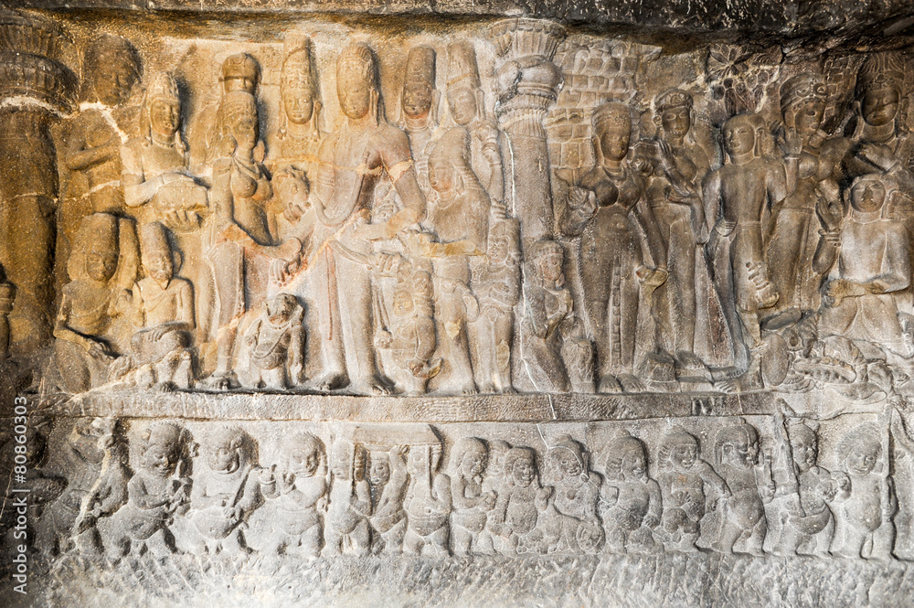 Statues on Ellora caves near Aurangabad in India