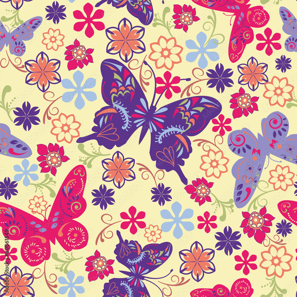 Fototapeta premium Butterfly and Flower Seamless Pattern - Illustration