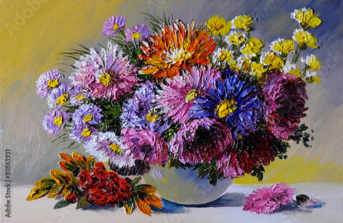 Oil painting on canvas - still life flowers on the table, art wo