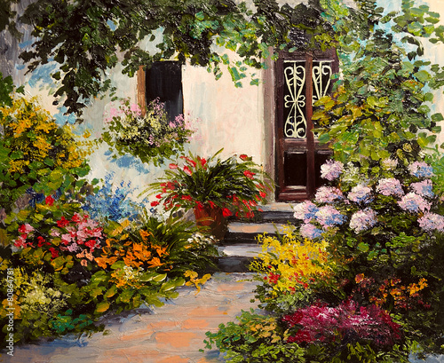 oil painting - house with patio, colorful watercolor