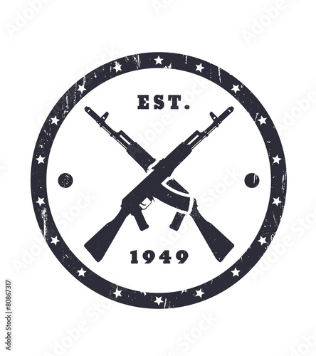 crossed assault rifles round grunge emblem, vector, eps10