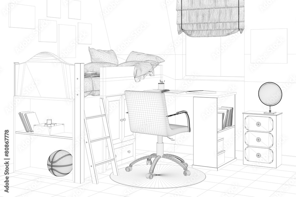  Kinderzimmer in Planung mit Bett und Schreibtisch Stock Illustration Motiv 