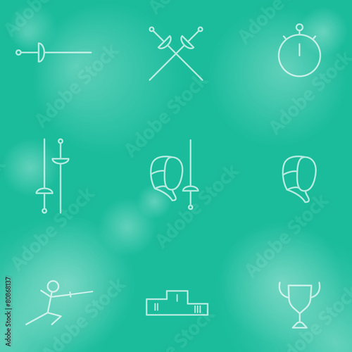 Fencing line white icons on green blur background, vector, eps10