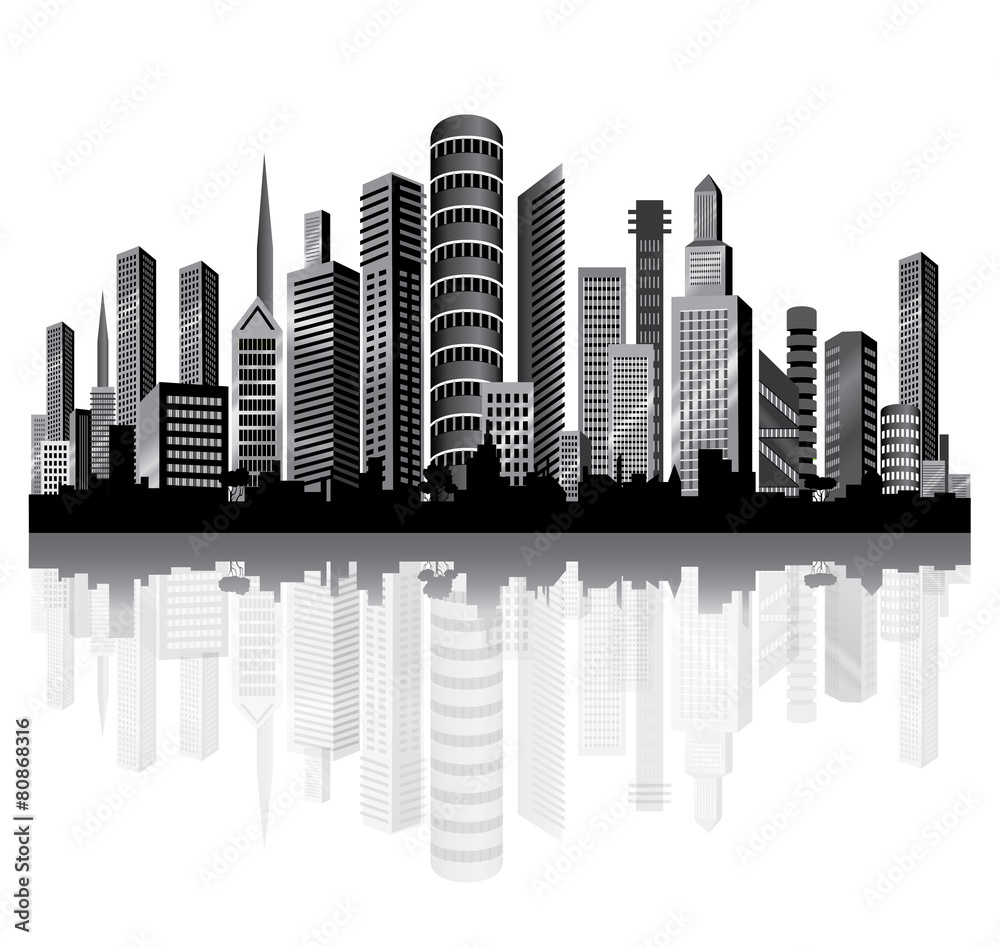 Skyscrapers in the City on the River. Vector.