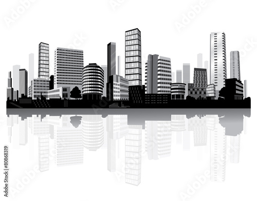 Cityscape on the river. Black and white architecture. Vector.