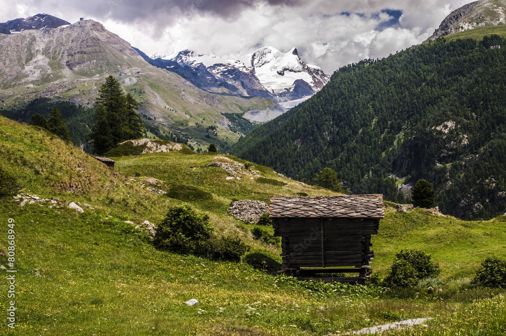 Traditional wooden Alpine chalet summer meadow snowy mountains