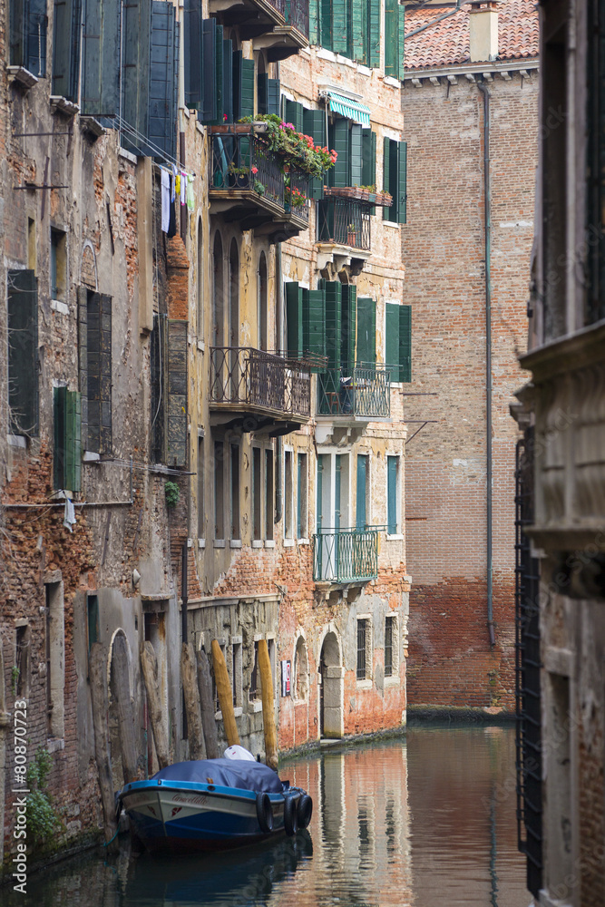 balcones and speedboat in Venice in Italy