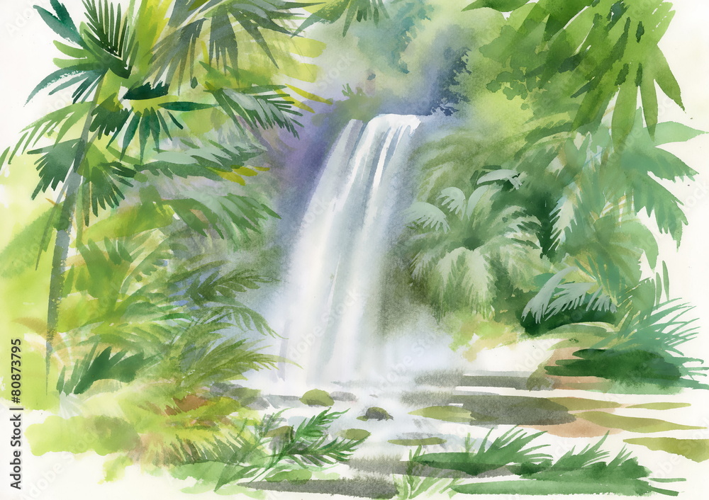 Fototapeta premium Watercolor illustration of waterfall in jungle