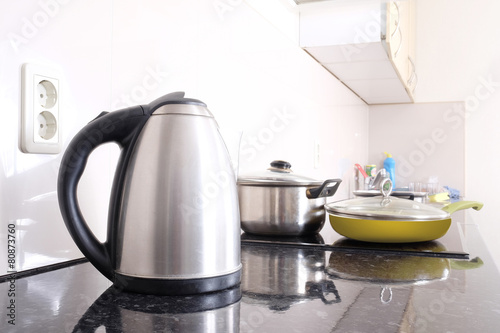 Interior of a modern kitchen. Close-up electric kettle