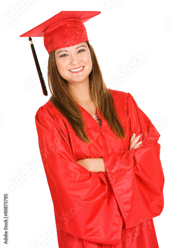 Graduate: Adult Student in Red Cap and Gown