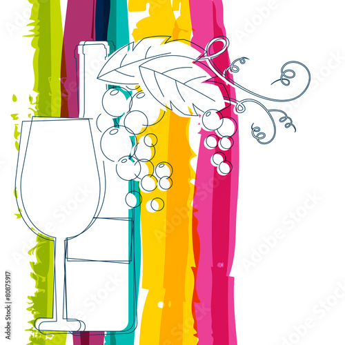 Wine bottle, glass, branch of grape with leaves and rainbow stri