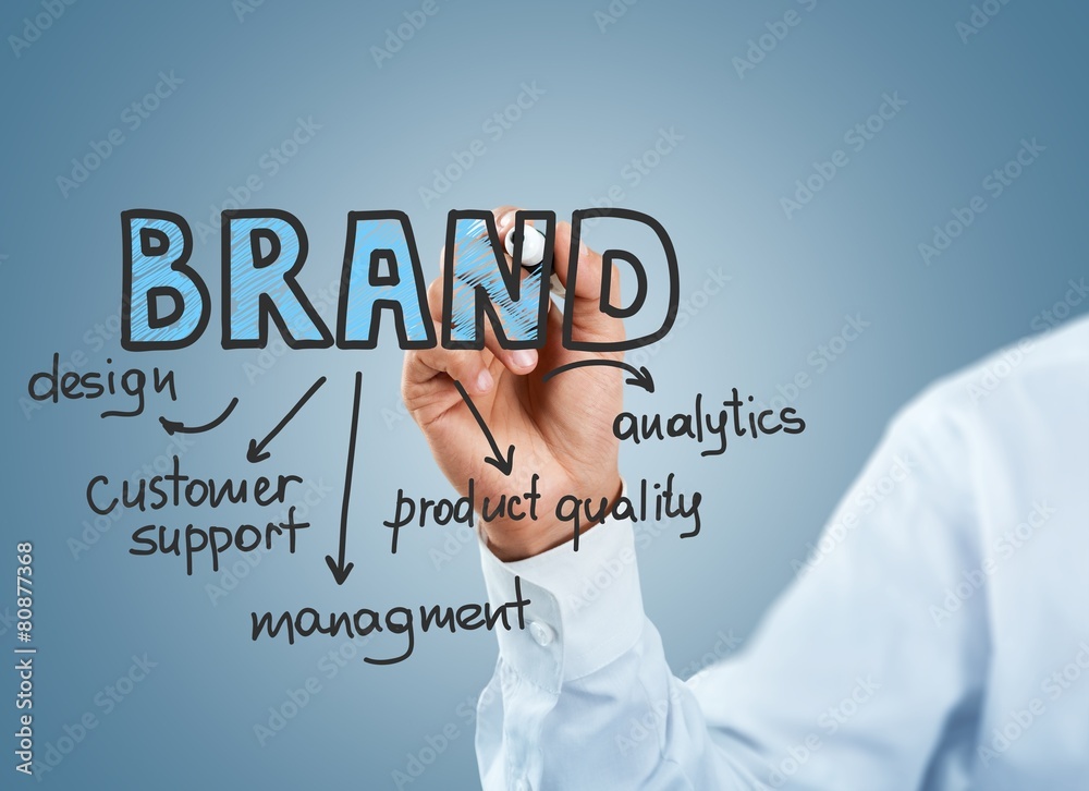 Brand. Man writing a keyword trend of Brand strategy Brand. Man writing a keyword trend of Brand strategy