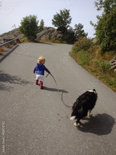 girl on s dogwalk with a bordercollie photo