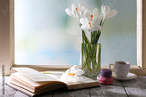 White crocus with open book on windowsill background