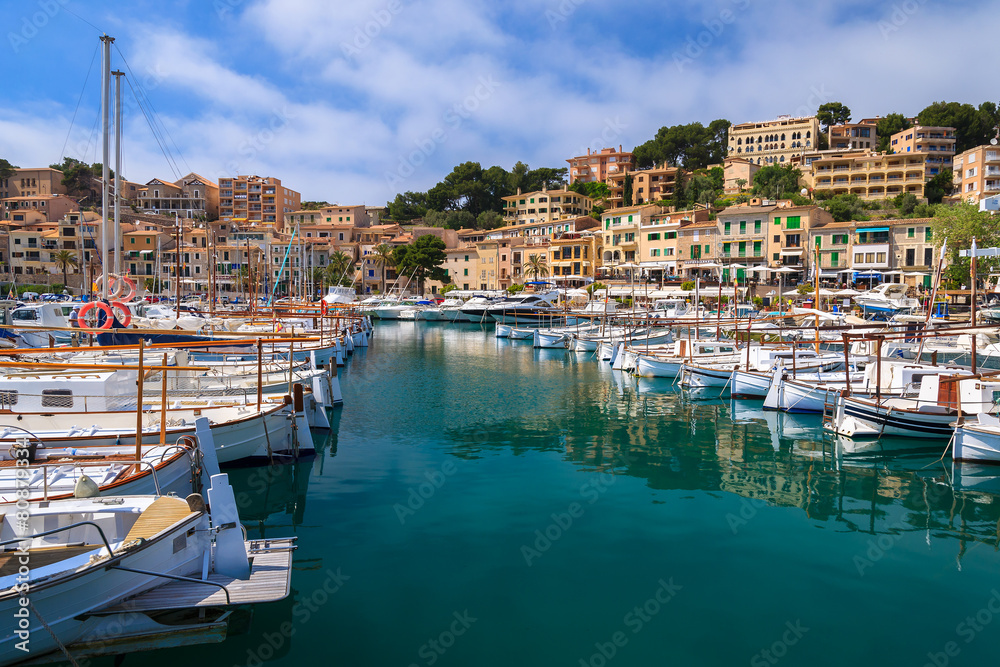 Boats in Port Soller town on coast of Majorca island, Spain