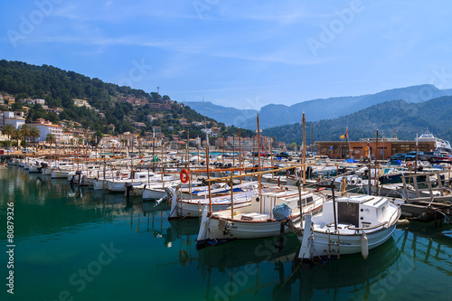 Boats in Port Soller town on coast of Majorca island, Spain © pkazmierczak