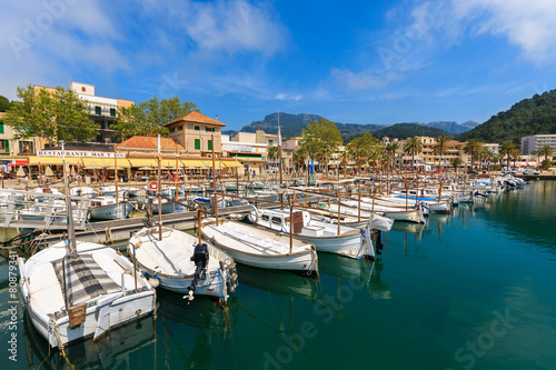 Boats in Port Soller town on coast of Majorca island, Spain