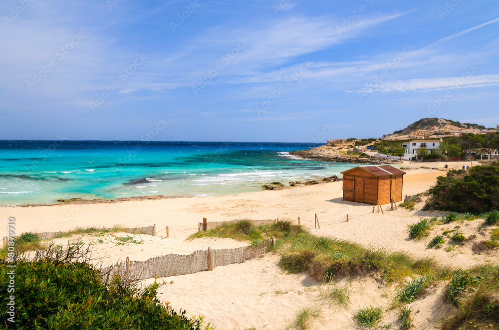 View of beautiful sandy Cala Agulla beach, Majorca island, Spain