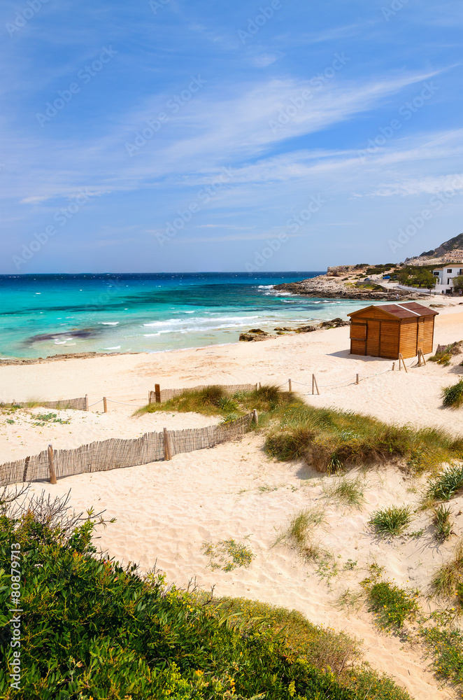View of beautiful sandy Cala Agulla beach, Majorca island, Spain