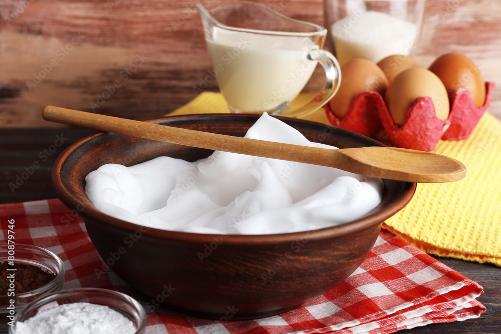 Whipped egg whites and other ingredients for cream