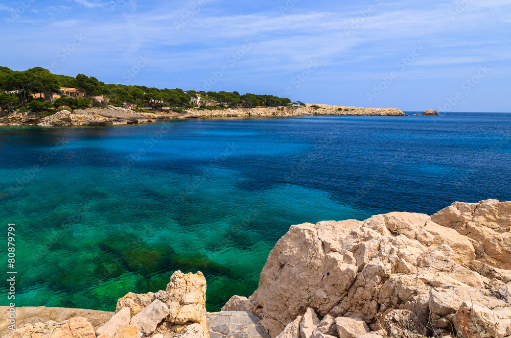 Turquoise sea of Cala Gat beach and bay view, Majorca island