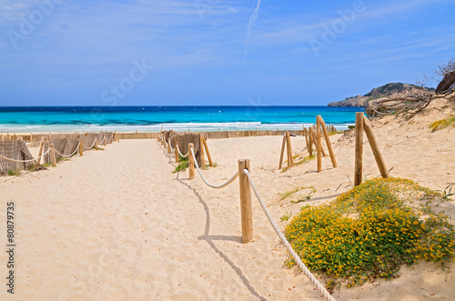 Entrance to sandy Cala Agulla beach, Majorca island, Spain photo