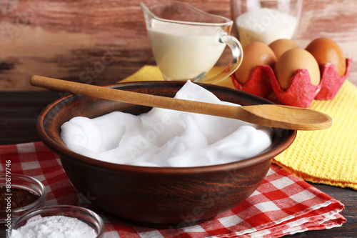 Whipped egg whites and other ingredients for cream