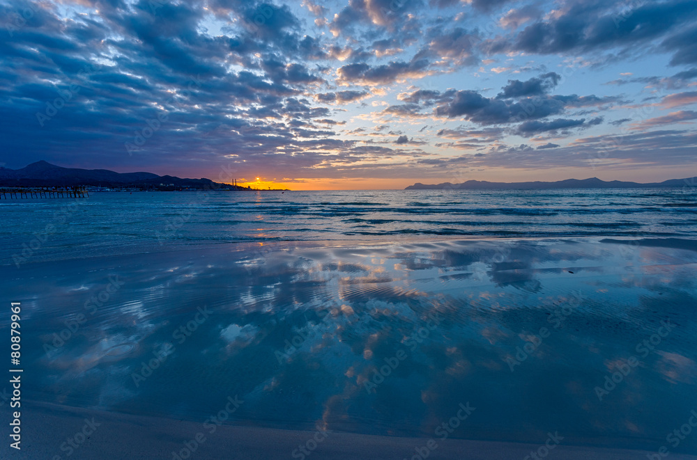 Sunrise on Alcudia beach, Majorca island, Spain