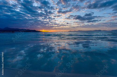 Sunrise on Alcudia beach  Majorca island  Spain