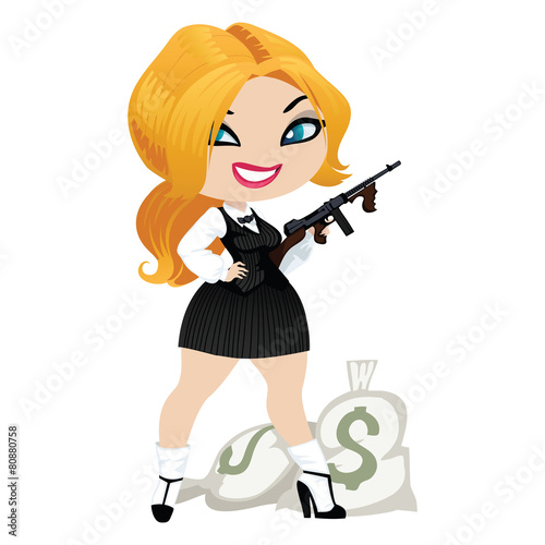 Pretty girl gangster with a gun and bags of money