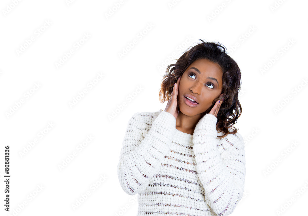Portrait happy young woman thinking daydreaming isolated on white background Portrait happy young woman thinking daydreaming isolated on white background