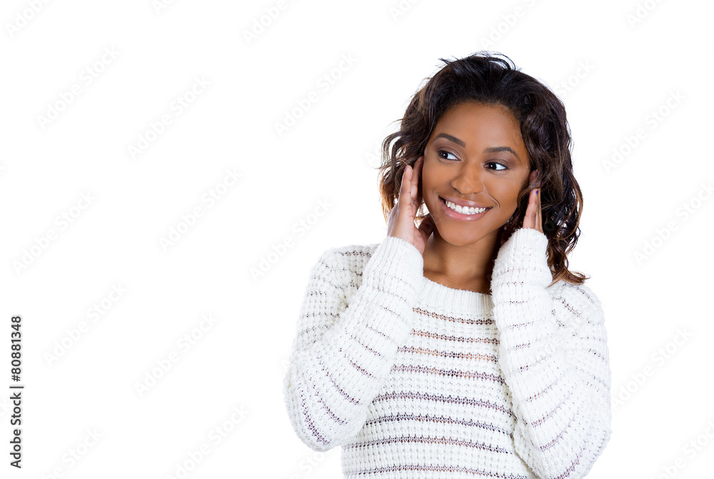 Portrait happy young woman thinking daydreaming isolated on white background Portrait happy young woman thinking daydreaming isolated on white background