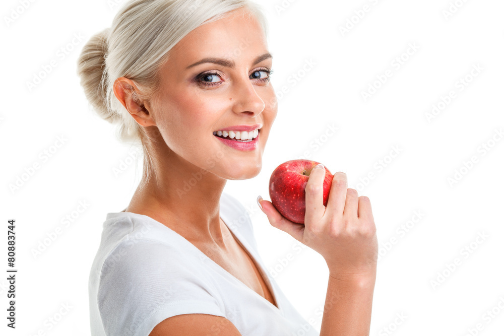 blonde woman with apple. Diet. Healthy lifestyle. blonde woman with apple. Diet. Healthy lifestyle.