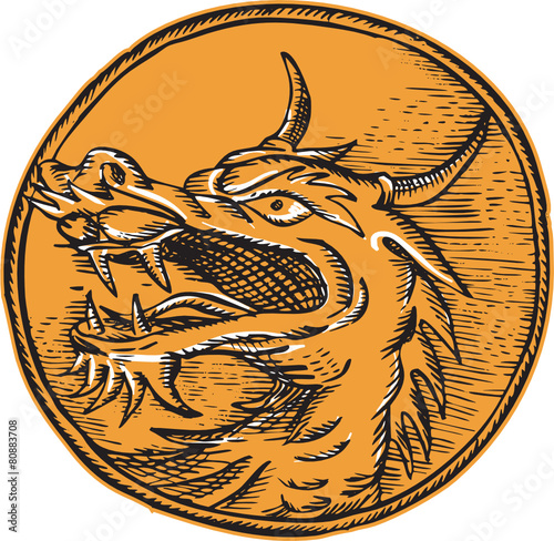 Chinese Dragon Head Circle Etching