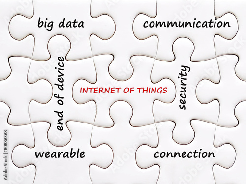 The internet of things words on jigsaw puzzle background