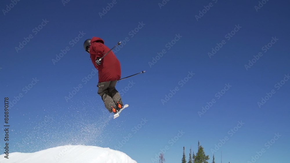 Slow Motion Man Skiing Doing Spin Off Jump Slow Motion Man Skiing Doing Spin Off Jump