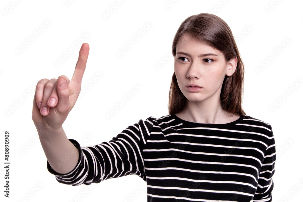 Young businesswoman pointing graph progress in the air Young businesswoman pointing graph progress in the air