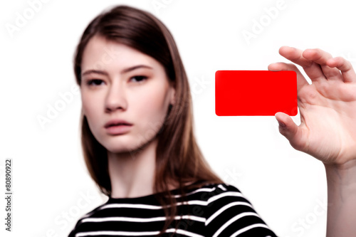 Beautiful Young Businesswoman Holding Blank Business Card