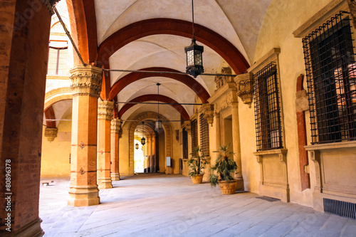 Gallery in the courtyard of the Palazzo Comunale in Bologna. Ita