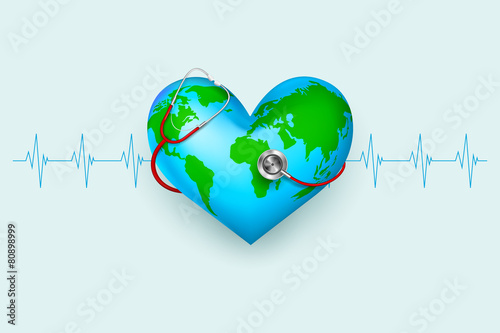 Stethoscope around hearth shaped world