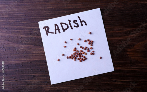 Radish seeds on piece of paper on wooden background