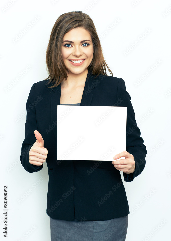 Business woman with sign board show thumb up. Business woman with sign board show thumb up.