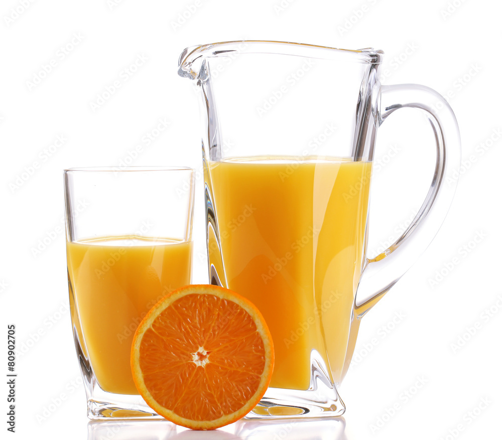Glass and pitcher of orange juice isolated on white Glass and pitcher of orange juice isolated on white