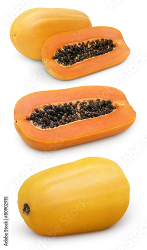 Set of Papaya fruit with cut on white with clipping path