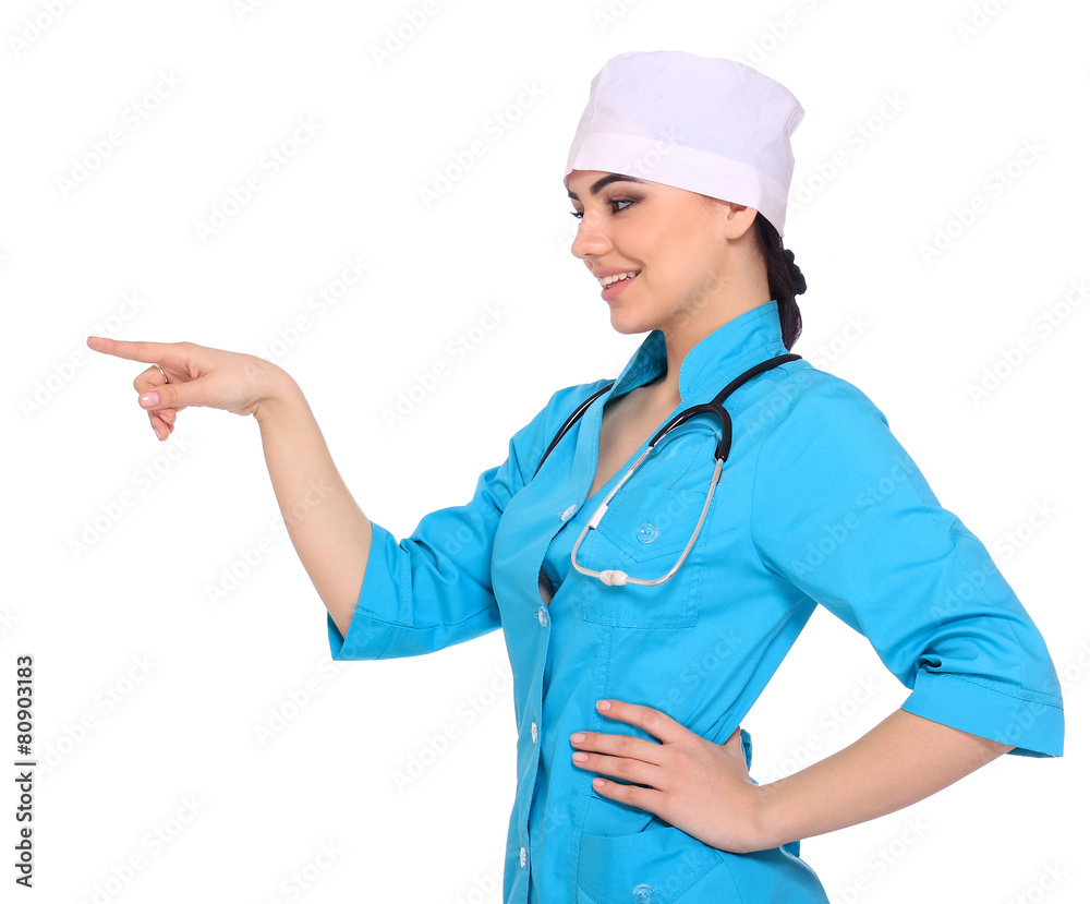 Medical doctor woman presenting and showing copy space for produ Medical doctor woman presenting and showing copy space for produ